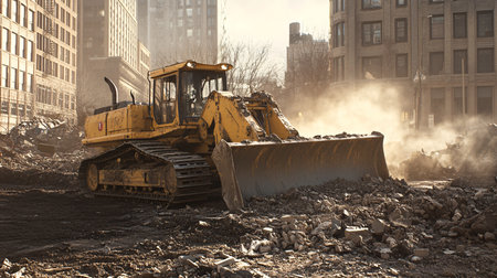 Heavy duty bulldozer working on a construction site. Heavy duty construction equipment.の素材