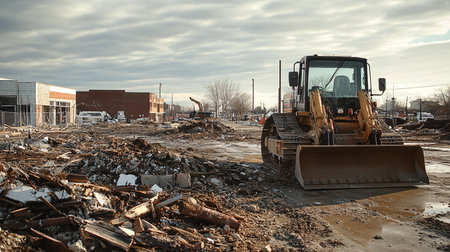 Demolition of a commercial building with a bulldozer in the foregroundの素材