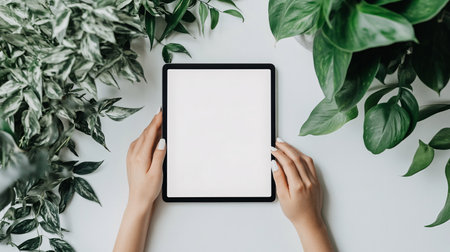 Top view of female hands holding digital tablet with blank screen on white background with green plantsの素材