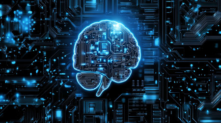 Abstract glowing human brain on circuit board background. Artificial intelligence and machine learning concept. 3D Renderingの素材