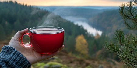 Female hand holding a red cup of tea on the background of a beautiful foggy mountain landscapeの素材