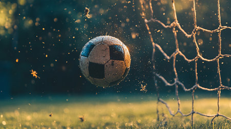 Soccer ball in the goal net. Close-up view.の素材