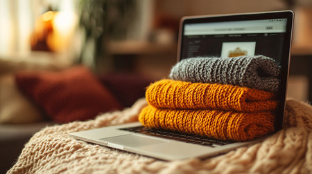 Knitted sweaters and laptop on sofa at home, closeupの素材