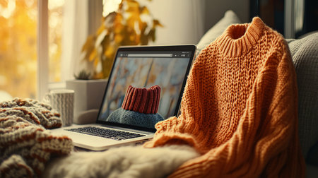 Cozy home interior with laptop and warm knitted clothes on windowsillの素材