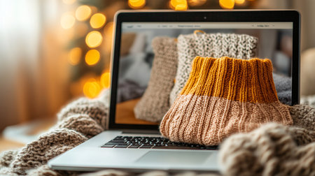 Knitted wool socks on a laptop. Cozy home background.の素材