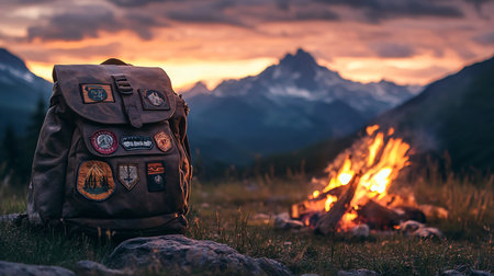 Hiking backpack on the background of a burning campfire in the mountainsの素材