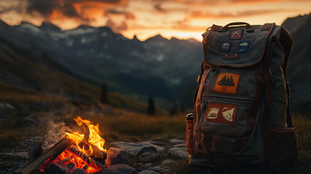 Camping in the mountains at sunset with a backpack and a bonfireの素材