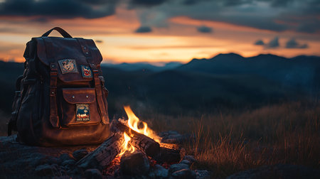 Camping in the mountains at sunset. Backpack on the fire.の素材