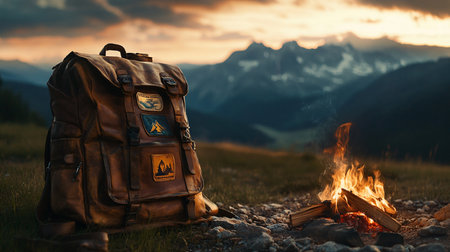 Hiking backpack and campfire on the background of mountains at sunsetの素材