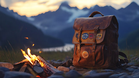 Hiking backpack near bonfire in the mountains at sunset. Camping and travel conceptの素材