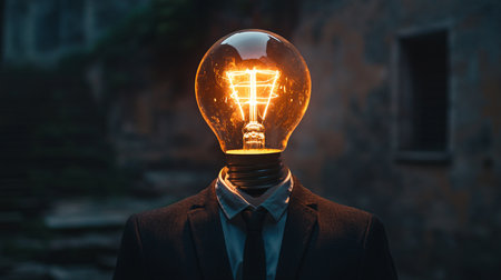 A man in a suit with a light bulb instead of his headの素材