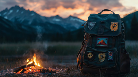 Hiking backpack on the background of a campfire and mountains at sunsetの素材