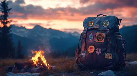 Hiking backpack near bonfire in the mountains at sunset. Camping conceptの素材