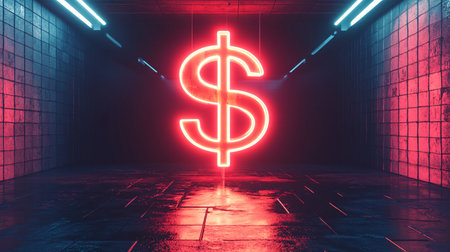 3D rendering of a neon dollar symbol in a dark room with red lightsの素材