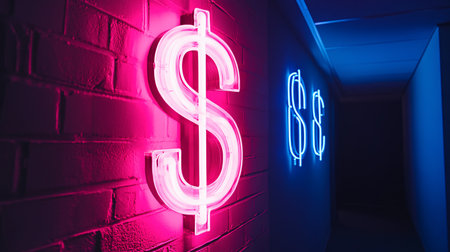 Neon sign of dollar on a brick wall background. 3d renderingの素材