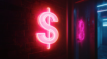 Neon dollar sign on brick wall background. 3D Renderingの素材