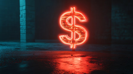3d rendering of glowing dollar sign in dark room with neon lightsの素材