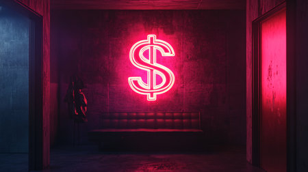 Neon dollar sign in the dark room. 3D Renderingの素材