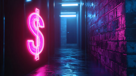 Glowing neon dollar sign in dark corridor. 3D Renderingの素材