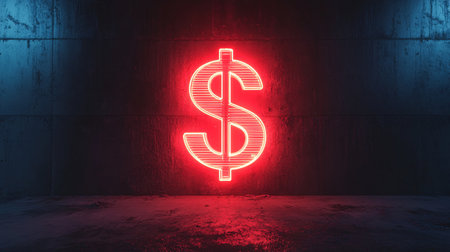 Dollar neon sign on grunge concrete wall. 3D renderingの素材