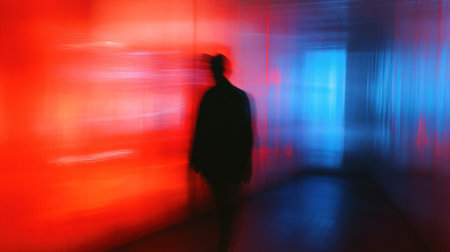 Silhouette of a man walking in a corridor with red lightの素材