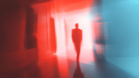 Businesswoman walking in a corridor with light and shadow, 3D renderingの素材