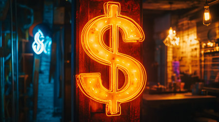 Neon sign of dollar on the wall of a cafe in the nightの素材