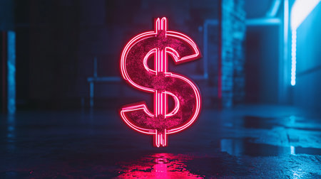 Neon glowing dollar sign in dark underground. 3D Renderingの素材