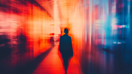 Businesswoman walking in the city. Blurred background. Double exposureの素材