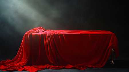 Red cloth on a dark background with a spot of light and smokeの素材