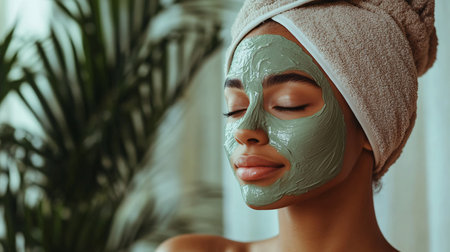 Beautiful young woman with green clay facial mask in spa salon.の素材