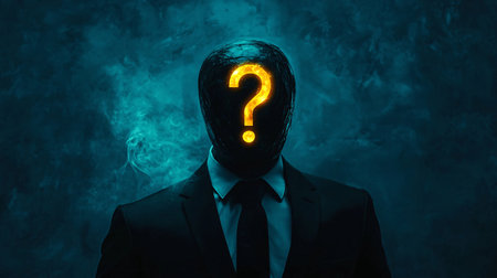 Man in suit with glowing question mark on his head concept on backgroundの素材