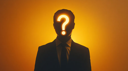 Silhouette of businessman with question mark instead of head on yellow backgroundの素材