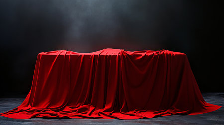 Red stage cloth with spotlights on dark background. 3d renderingの素材