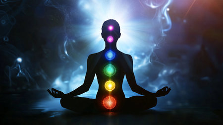 Young woman practicing yoga in lotus pose with colorful lights on backgroundの素材