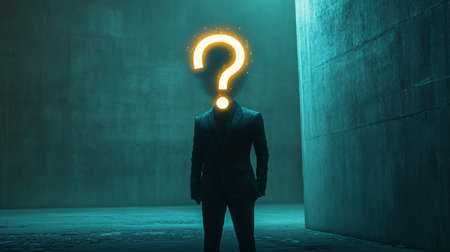 Businessman with glowing question mark instead of head standing in dark roomの素材