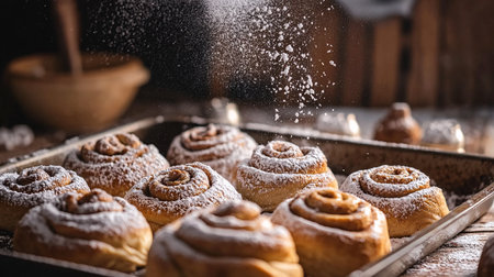 Freshly baked cinnamon rolls with sugar powder on a wooden table.の素材