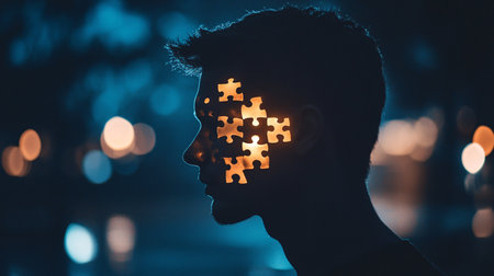 Silhouette of a man with a puzzle on his head.の素材