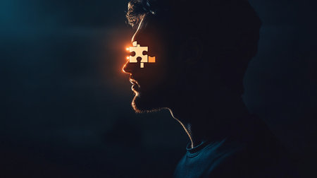 Silhouette of a man with a puzzle piece in his mouthの素材
