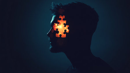 Young man with glowing puzzle head on dark background. Mental health conceptの素材