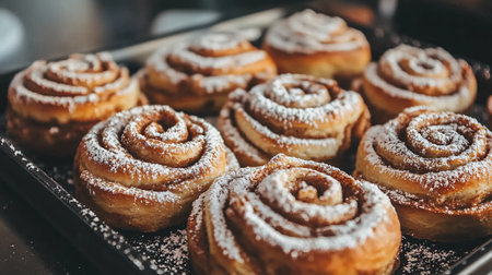 Freshly baked cinnamon rolls with sugar powder on baking sheet in bakery shopの素材