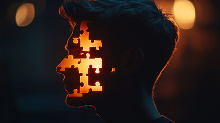 Silhouette of a man with a puzzle piece on his headの素材