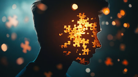 Silhouette of a man with a glowing head in the shape of a puzzleの素材