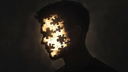 Silhouette of a man with a glowing puzzle in his headの素材