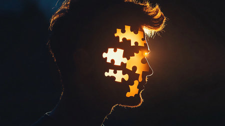 Silhouette of a man with a puzzle piece in his headの素材