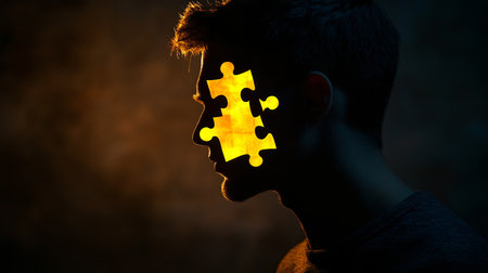 Silhouette of a man with a puzzle piece in his headの素材