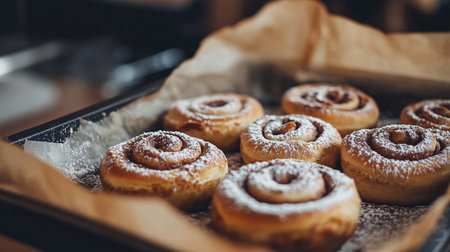 Freshly baked cinnamon rolls in a baking tray. Selective focus.の素材