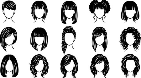 Set of hairstyles for women. Vector illustration in black and white.のイラスト素材