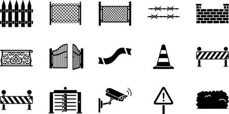 Vector illustration of a set of fences and security signs on a white backgroundのイラスト素材