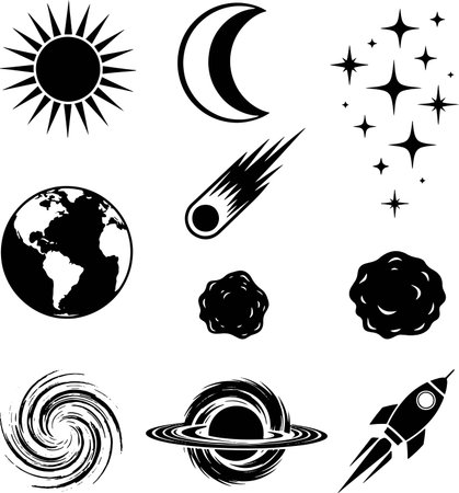 Set of black and white icons on the theme of space exploration.のイラスト素材